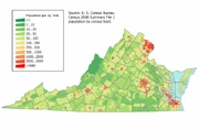 A map of Virginia with areas colored in green for low population changing to red for areas of high population. The most red areas are in the very north of the state, the center of the state, and the very south-east of the state. The rest is mostly green.