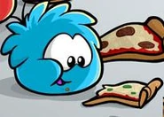 A Blue Puffle Eating Pizza