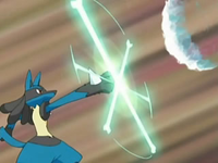 Lucario deteniendo la Bomba sónica del Buizel de Ash con ataque óseo a modo de escudo.