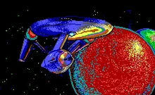A Federation starship in orbit of Dizok IV.