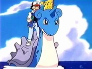 EP115 Ash y Pikachu montados en Lapras