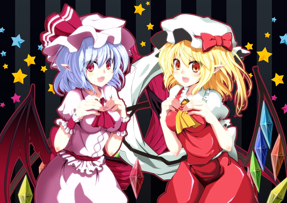 Konachan-com-65136-blonde_hair-blue_hair-dress-flandre_scarlet-hat-red_eyes-remilia_scarlet-ribbons-short_hair-touhou-vampire-wings.jpg