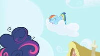 Rainbow Dash laughing cloud above Twilight Sparkle S1E01