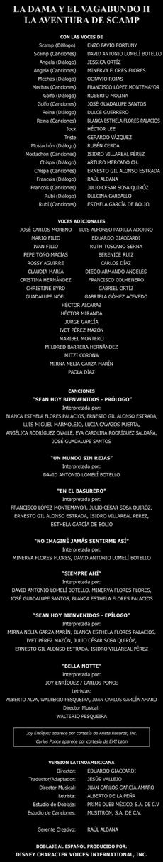 Doblaje Latino de La Dama y el Vagabundo 2 Las Aventuras de Scamp (Edición Especial 2012)