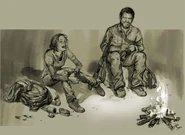 Drawing of ellie and joel near fire laughing