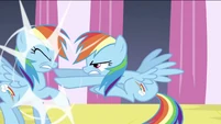 Changeling Rainbow pushing Rainbow Dash S2E26
