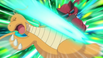 Krookodile de Ash usando garra dragón sobre el Dragonite de Iris.