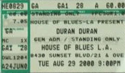 House of Blues, Los Angeles, CA, USA WIKIPEDIA DURAN DURAN TICKET STUB BOWIE