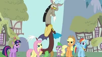 Fluttershy nudges Discord S03E10