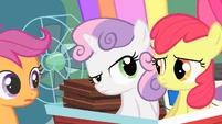 Sweetie Belle looking inquisitively at Apple Bloom S01E18