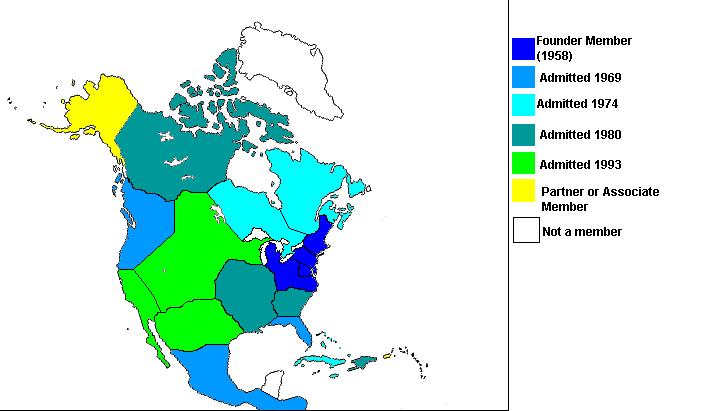Map showing the expansion of the United American Provinces since 1958