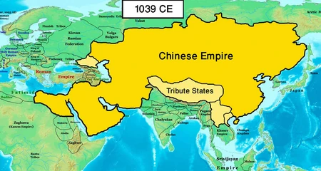 The Chinese Empire under the Zheng Dynasty and its tribute states after the Arab-Egyptian Campaign in 1040 CE.