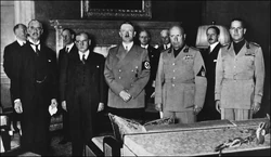 From left to right: Neville Chamberlain, Édouard Daladier, Adolf Hitler, Benito Mussolini and Count Gian Galeazzo Ciano pictured before signing the Munich Agreement.