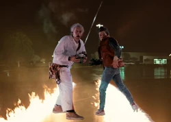 Doc and Marty stand in the fire trails left behind on the first test.