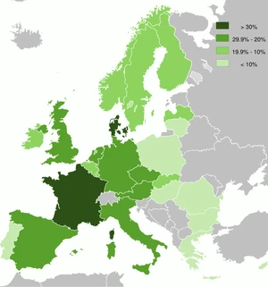 Lifetime prevalence of cannabis use among all adults (aged 15 to 64 years old) in nationwide surveys among the general population. The darker the shade of green, the higher the percentage. Data taken from EMCDDA (European Monitoring Centre for Drugs and Drug Addiction). [1] Click the image for more info, and to see the survey years for each nation. See Adult lifetime cannabis use by country for a detailed chart with the exact percentage of cannabis use for each country.