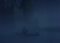 The Witch rowing away from the castle