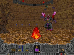 The Heresiarch is attacking the player in Hexen on Hub 3: Heresiarch's Seminary. His invulnerability field is up and he is shooting fireballs at the player.