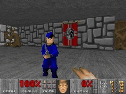 An SS Nazi in Level 31: Wolfenstein, in Doom II. If you look in between its legs, you will notice magenta pixels instead of the expected background.