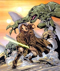 Savrip Mantelliano atacando a Qui-Gon Jinn.