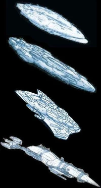 Desde la parte superior a la inferior (no en escala): a Defensor estelar clase Vizconde, Crucero estelar MC-80 tipo Independencia, y el Crucero estelar MC-80 tipo Libertad.