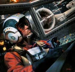 Wedge en su X-wing durante la batalla.