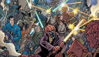 Plo Koon portando su sable de luz amarillo durante la Guerra Hiperespacial Stark.