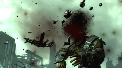 A super mutant with a Chinese AK, being killed with a critical shot in the head