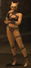 A Mithra Mannequin in special pose standing in a Mog House