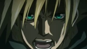 Cloud's glowing eyes, showing he has been infused with mako