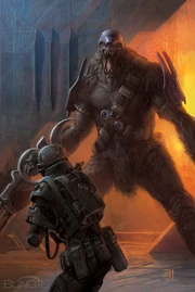 An ODST faces an enraged Brute. (Image can be seen at Halo Graphic Novel, in the painting pages)