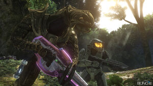 The Master Chief and the Arbiter in an African jungle in the level Sierra 117.