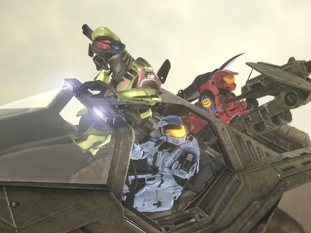 My Sister (The elite), my Dad (Red Spartan), and me (Blue Spartan), with our favorite weapons in our favorite vehicle.