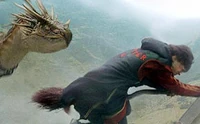 Harry trying to escape the Hungarian Horntail in the First Task of the Triwizard Tournament