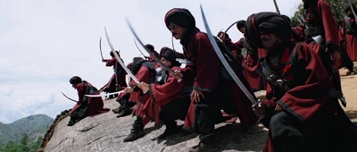 Thuggee warriors assembling around a ravine.