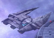 A Takret starship, docked during a neutronic storm.