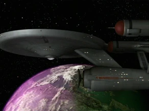 The ISS Enterprise orbits the Halkan homeworld in the mirror universe