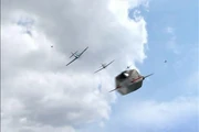 American P-51 Mustangs fly over a 22nd century shuttlepod
