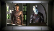 Muroc and Telev in a multi-party communication on Enterprise viewscreen