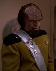 Worf wearing his Klingon ceremonial sash