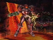 Power Suit Samus wearing the Dark Suit on Norfair in Super Smash Bros Brawl