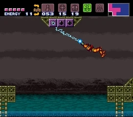 Samus using the Grapple Beam in Super Metroid