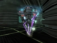 Samus Aran faces a spinning Quad.