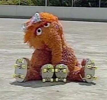 Alice Snuffleupagus, trying to rollerskate.