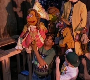 Kevin Clash performing Squire Trelawney and Mr. Bimbo on the set of Muppet Treasure Island