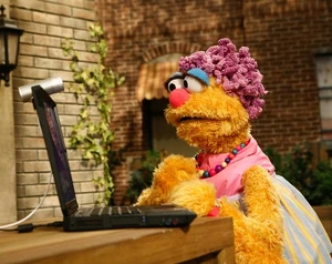Elmo's mom creates a video weblink with Louie.
