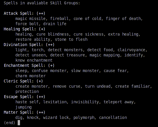 A screenshot of "show weapon capability" subscreen of #skills command.