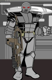 B.A. Denson as he as most commonly seen, wearing the suit of armor that earned him the nickname "Grey Giant".