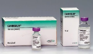 Caninsulin/Vetsulin shown in its two presentation forms: 10ml vial (right) and pack of ten 2.5ml vials(left).