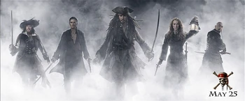 A promotional picture for the film showing, from left to right: Captain Barbossa, Will Turner, Captain Jack Sparrow, Elizabeth Swann and Sao Feng