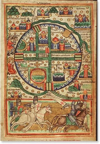 Mapa medieval do Reino Latino de Jerusalém: no círculo é representada Jerusalém e abaixo os cavaleiros protegendo-a dos ataques islâmicos.